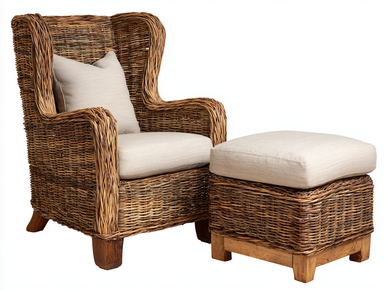 Fauteuil en rotin - rotin-textile-bois - 88x86x98 cm - brun naturel-crème-bois brun - style lounge naturel