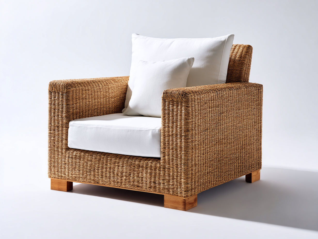 Fauteuil en rotin - rotin-textile-bois - 92x88x100 cm - miel naturel-crème-bois brun - style lounge naturel