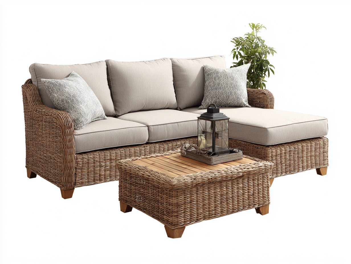 Canapé de jardin - résine tressée-textile-bois - 245x175x77 cm - beige naturel-taupe-bois brun - style lounge naturel