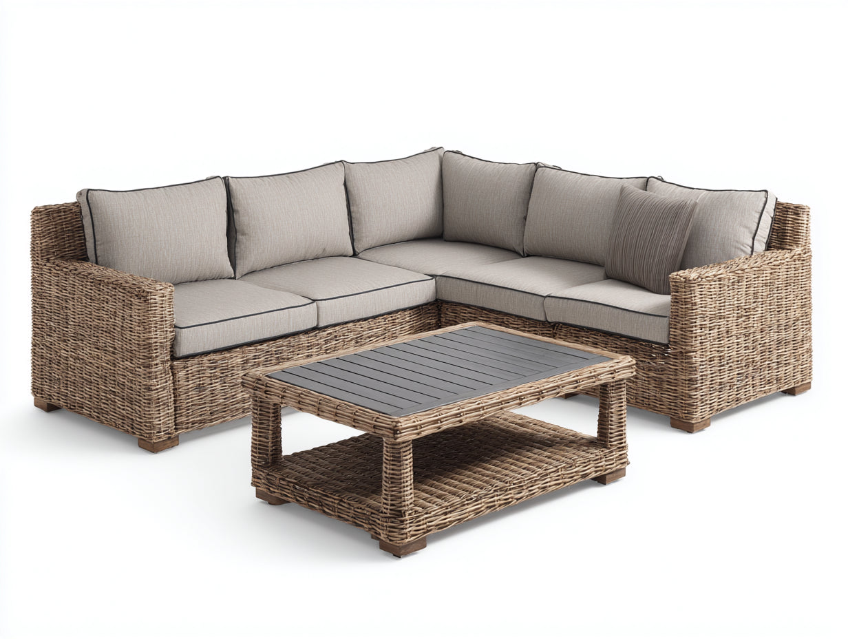 Canapé de jardin - résine tressée-textile-bois - 255x255x78 cm - beige naturel-taupe-gris anthracite-bois brun - style lounge contemporain