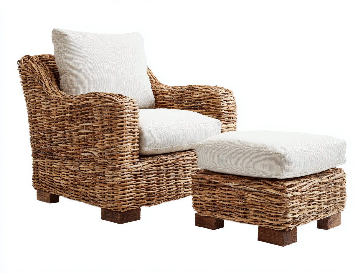 Fauteuil en rotin - rotin-textile-bois - 90x86x85 cm - miel naturel-crème-bois brun - style lounge naturel