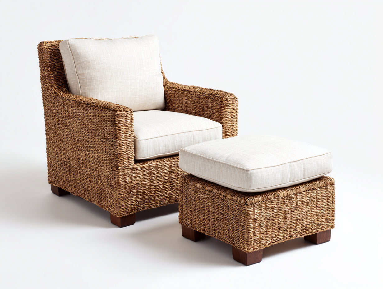 Fauteuil en rotin - rotin-textile-bois - 86x84x78 cm - miel naturel-crème-bois brun - style lounge naturel