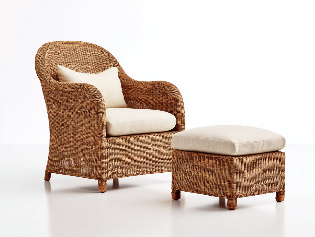 Fauteuil en rotin - rotin-textile-bois - 86x82x94 cm - miel naturel-crème-bois brun - style lounge naturel