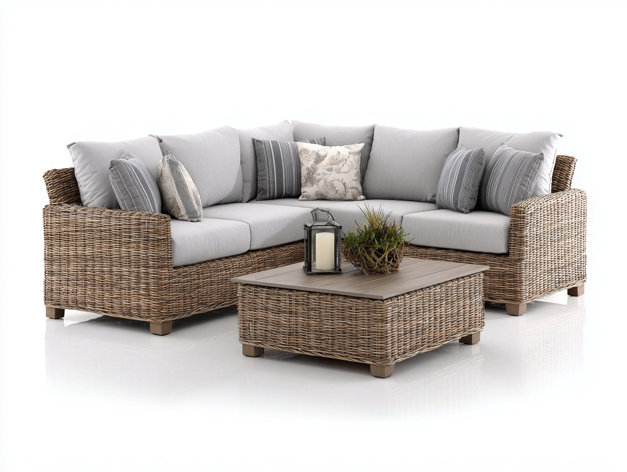 Canapé de jardin-rotin-tissu-bois-240x240x85 cm-beige-gris-style moderne extérieur