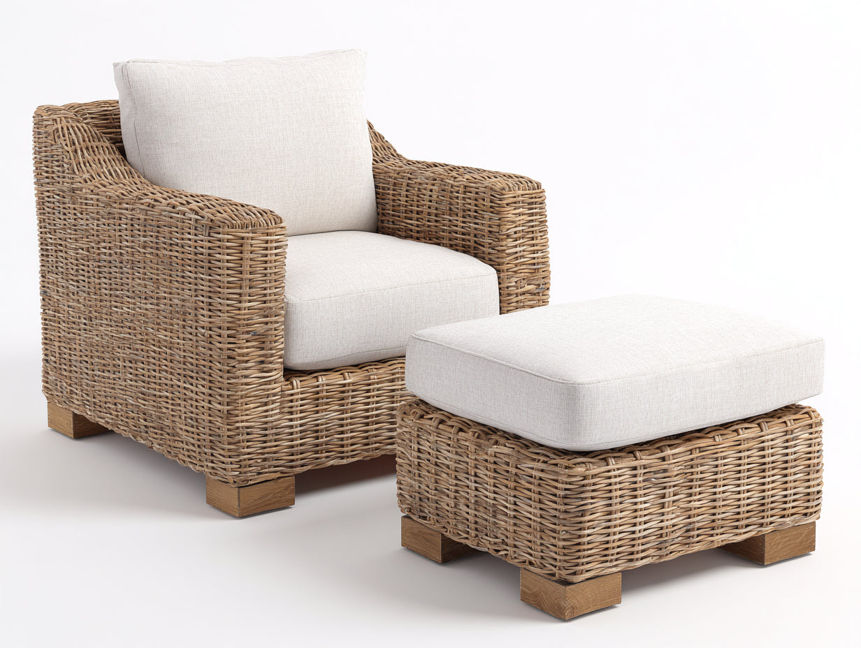 Fauteuil en rotin - rotin-textile-bois - 92x88x86 cm - beige naturel-beige-bois clair - style lounge naturel