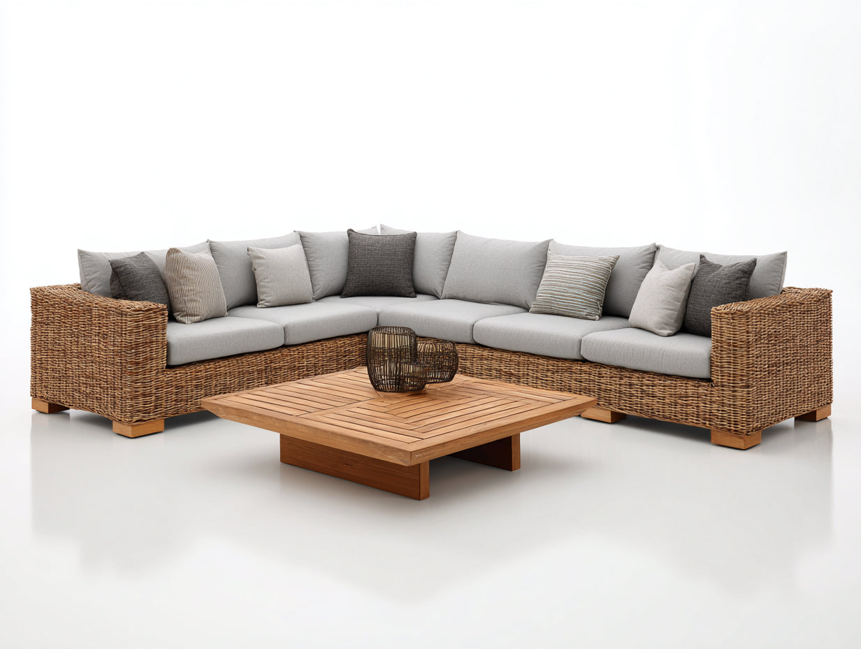 Canapé de jardin-rotin-tissu-bois-280x220x85 cm-naturel-beige-style moderne extérieur