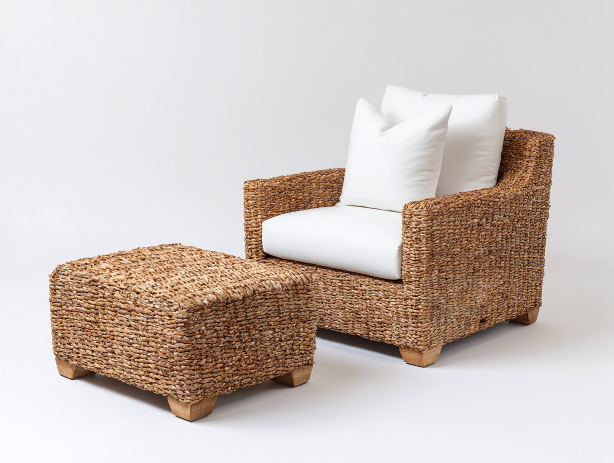 Fauteuil en rotin - rotin-textile-bois - 90x86x80 cm - miel naturel-blanc-bois clair - style lounge naturel