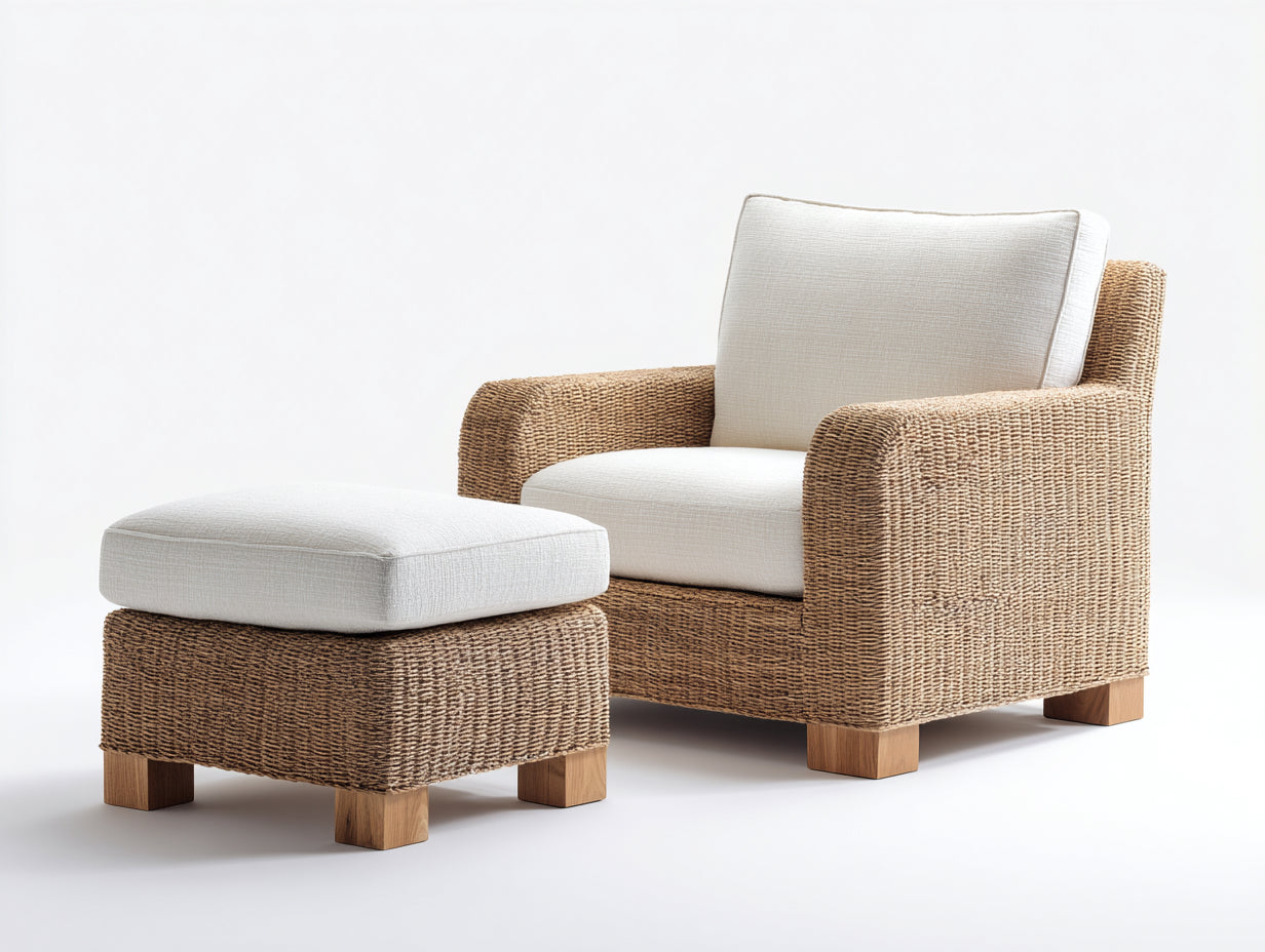 Fauteuil en rotin - rotin-textile-bois - 90x86x82 cm - beige naturel-crème-bois clair - style lounge naturel
