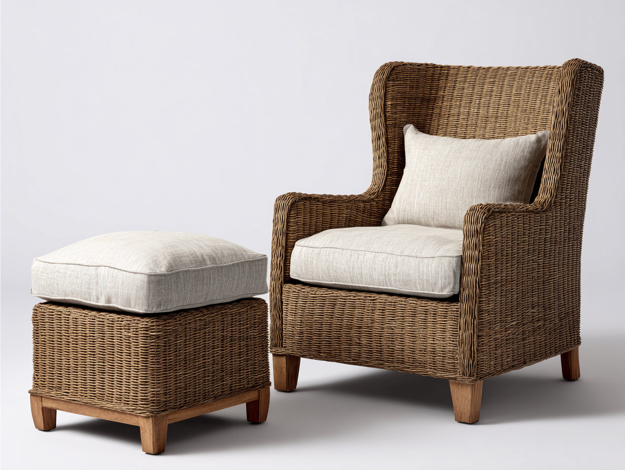 Fauteuil en rotin - rotin-textile-bois - 90x88x102 cm - miel naturel-crème-bois brun - style lounge naturel