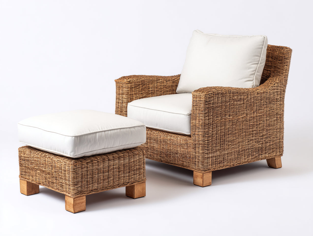 Fauteuil en rotin - rotin-textile-bois - 90x86x82 cm - miel naturel-blanc cassé-bois clair - style lounge naturel