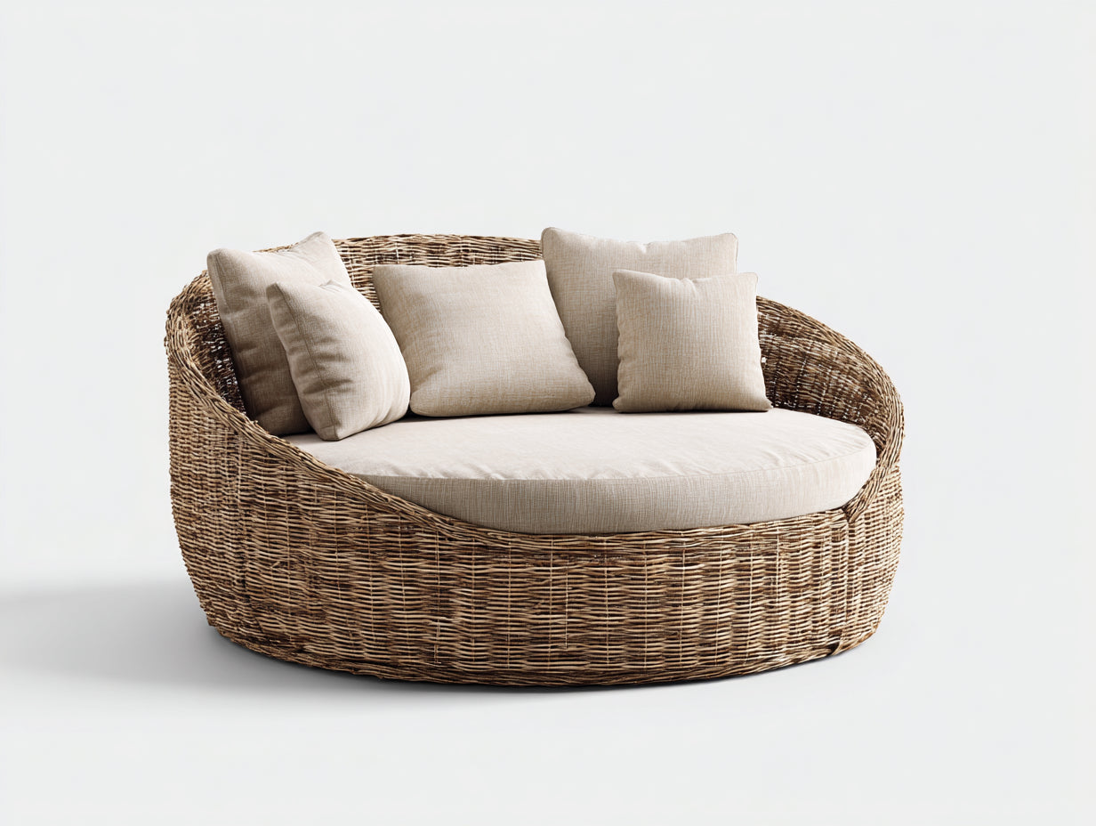 Canapé de jardin-rotin-tissu-190x150x75 cm-beige-naturel-style lounge extérieur