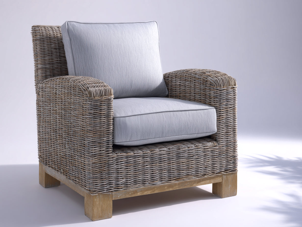 Fauteuil en rotin - rotin-textile-bois - 88x86x82 cm - gris naturel-gris clair-bois clair - style lounge naturel