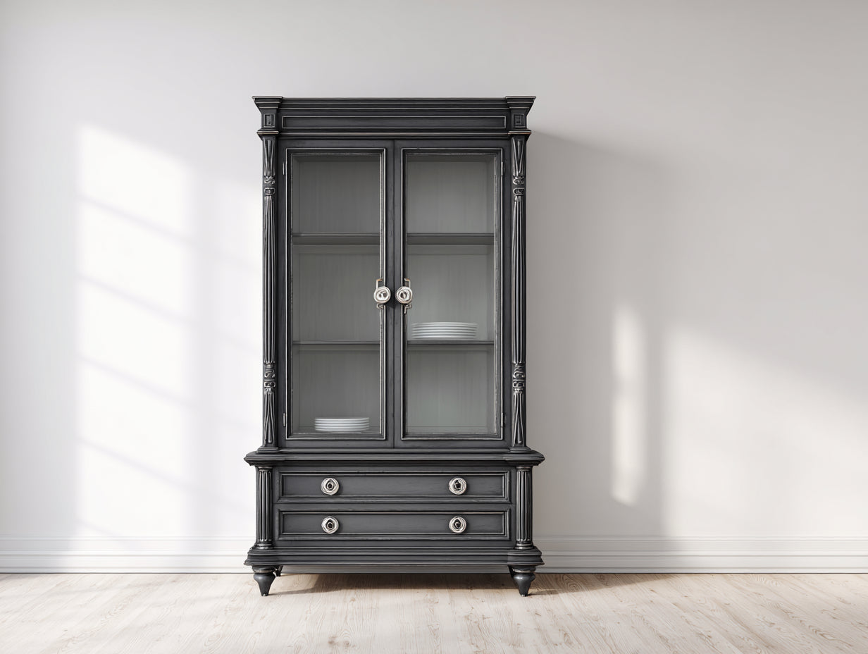 Vitrine - bois - verre - métal - 108x43x192 cm - gris anthracite - style classique