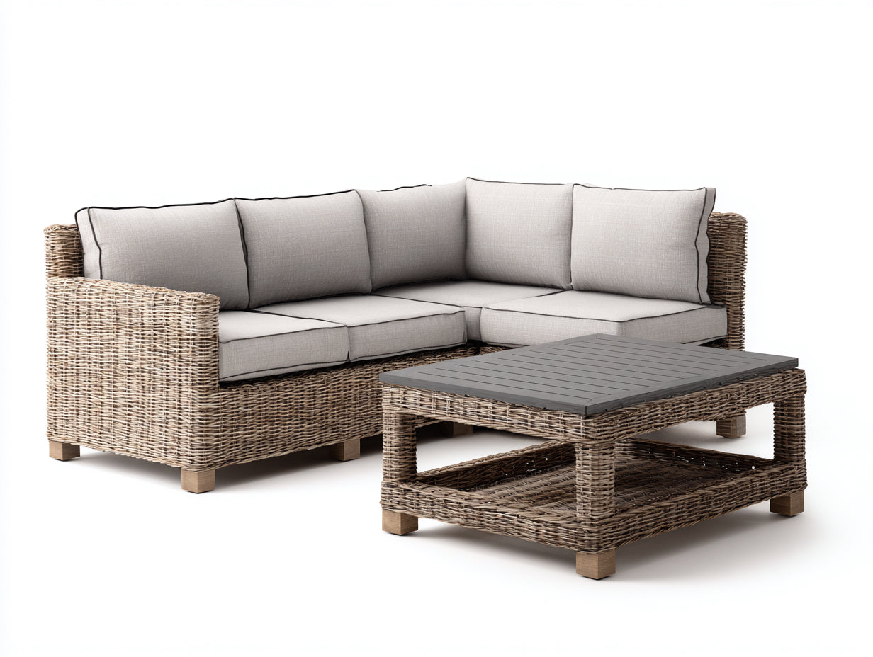 Canapé de jardin - résine tressée-textile-bois - 255x190x78 cm - beige naturel-taupe-gris anthracite-bois clair - style lounge contemporain