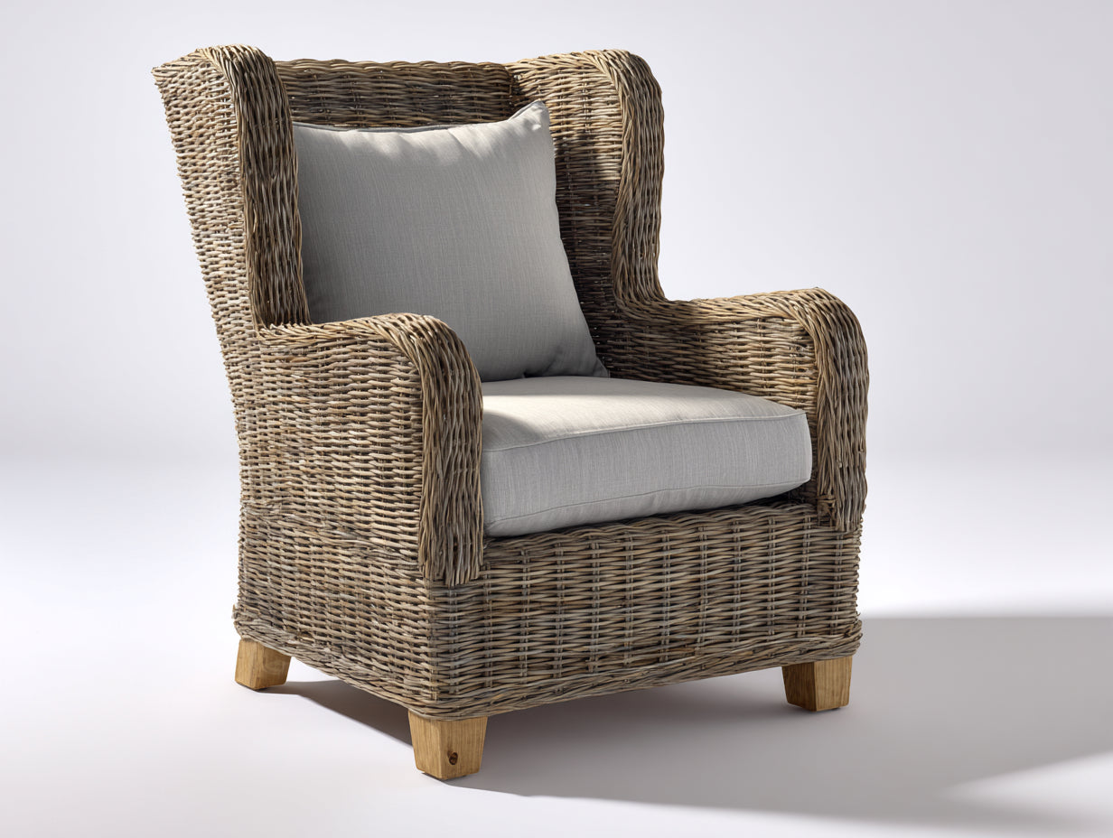 Fauteuil en rotin - rotin-textile-bois - 90x87x104 cm - gris naturel-gris clair-bois clair - style lounge naturel