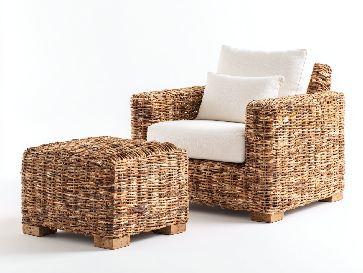 Fauteuil en rotin - rotin-textile-bois - 90x86x80 cm - miel naturel-blanc-bois clair - style lounge naturel