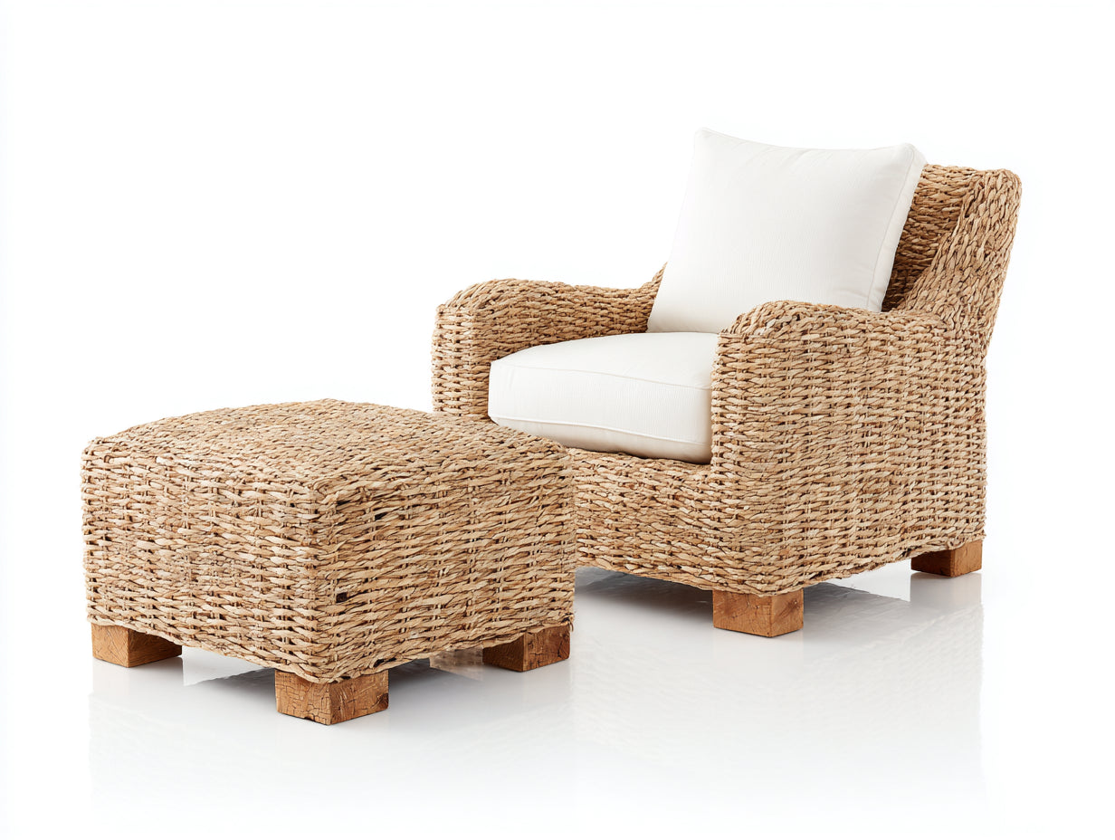 Fauteuil en rotin - rotin-textile-bois - 94x90x86 cm - beige naturel-crème-bois brun - style lounge naturel