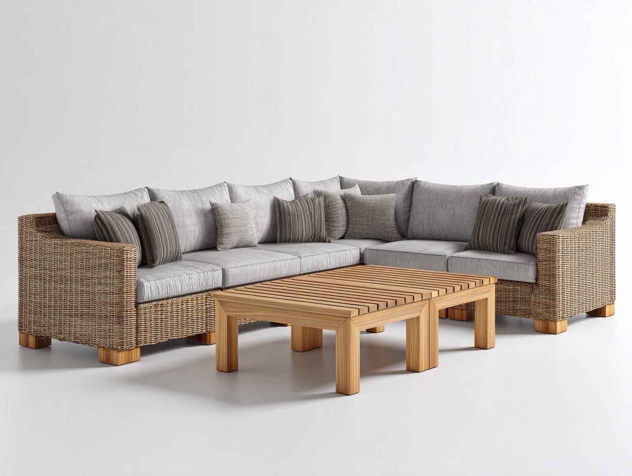 Canapé de jardin - résine tressée-bois-textile - 300x220x75 cm - beige naturel-gris clair-bois clair - style lounge contemporain