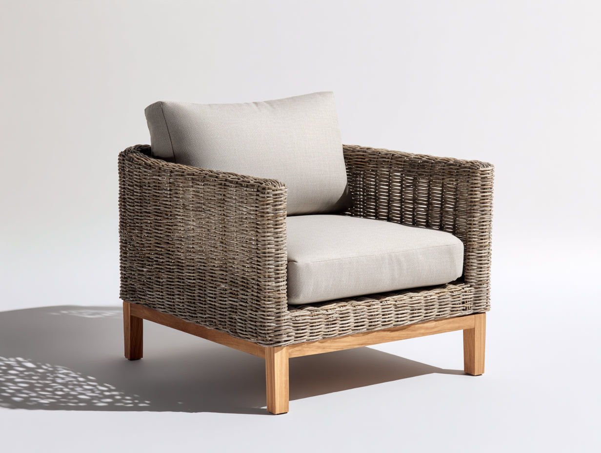 Fauteuil en rotin - rotin-textile-bois - 85x82x78 cm - beige naturel-crème-bois brun - style lounge naturel