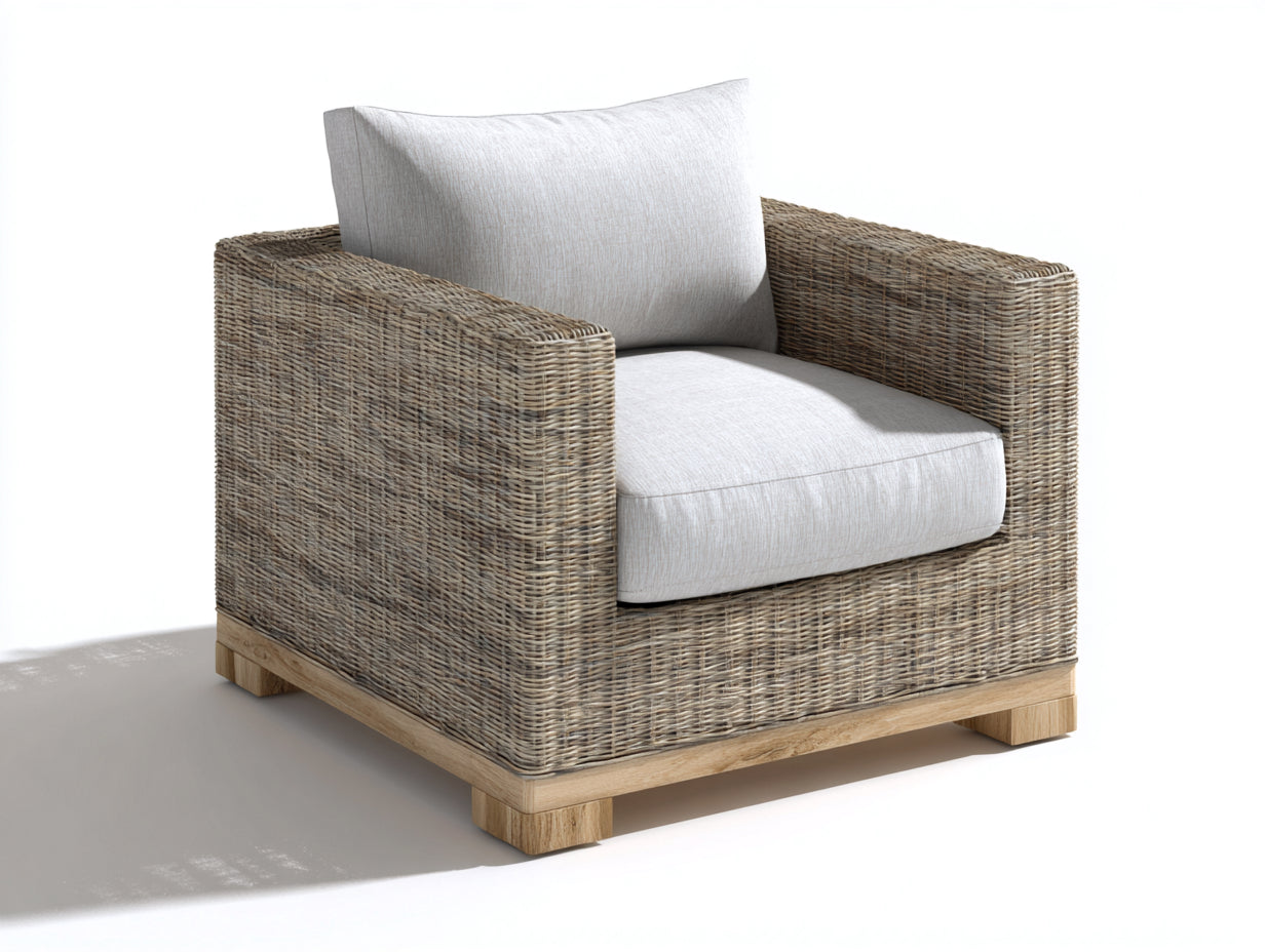 Fauteuil en rotin - rotin-textile-bois - 88x88x80 cm - beige naturel-gris clair-bois clair - style lounge naturel