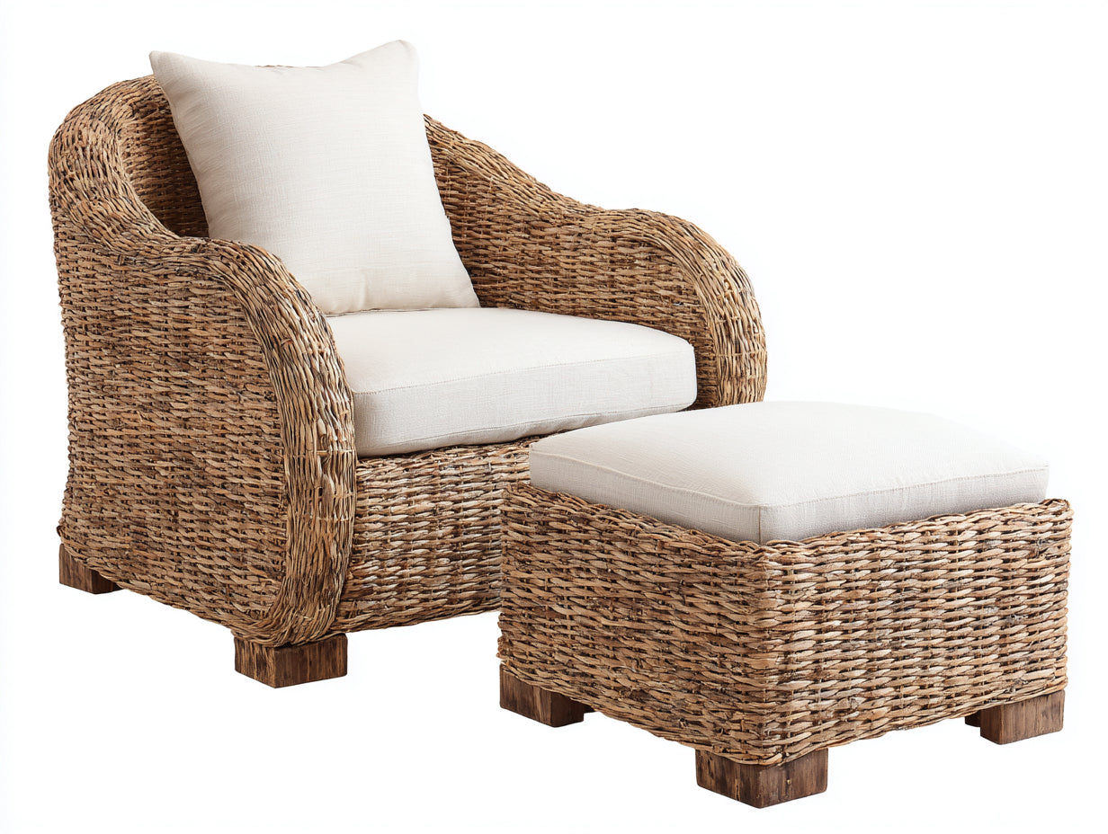 Fauteuil en rotin - rotin-textile-bois - 92x88x86 cm - miel naturel-crème-bois brun - style lounge naturel