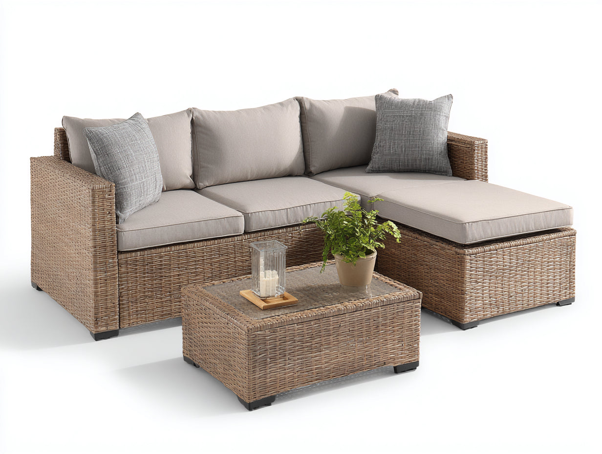 Canapé de jardin - résine tressée-textile-verre - 260x185x76 cm - beige naturel-taupe - style lounge moderne