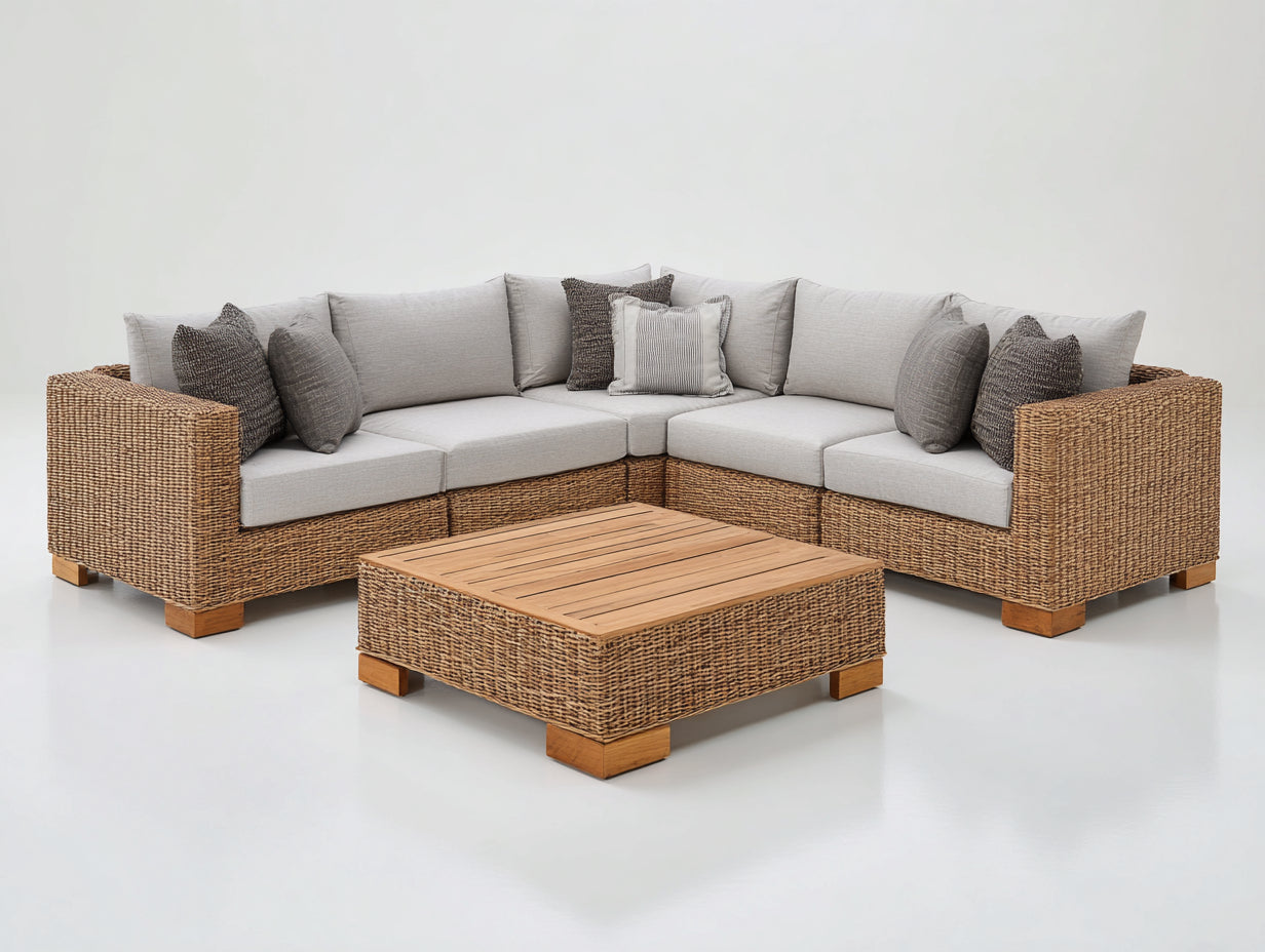 Canapé de jardin - résine tressée-bois-textile - 245x245x76 cm - beige naturel-gris clair-bois clair - style lounge naturel
