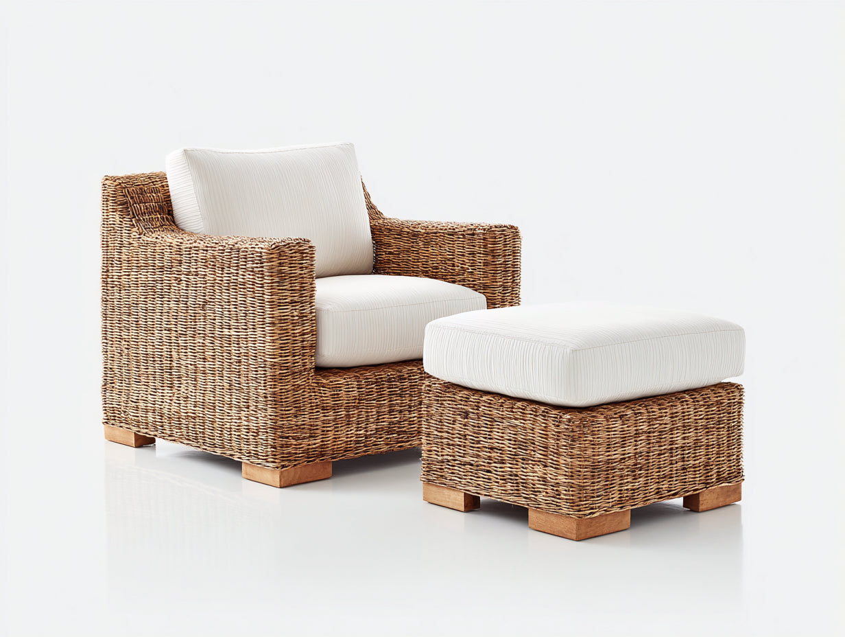 Fauteuil en rotin - rotin-textile-bois - 95x91x85 cm - miel naturel-crème-bois brun - style lounge naturel