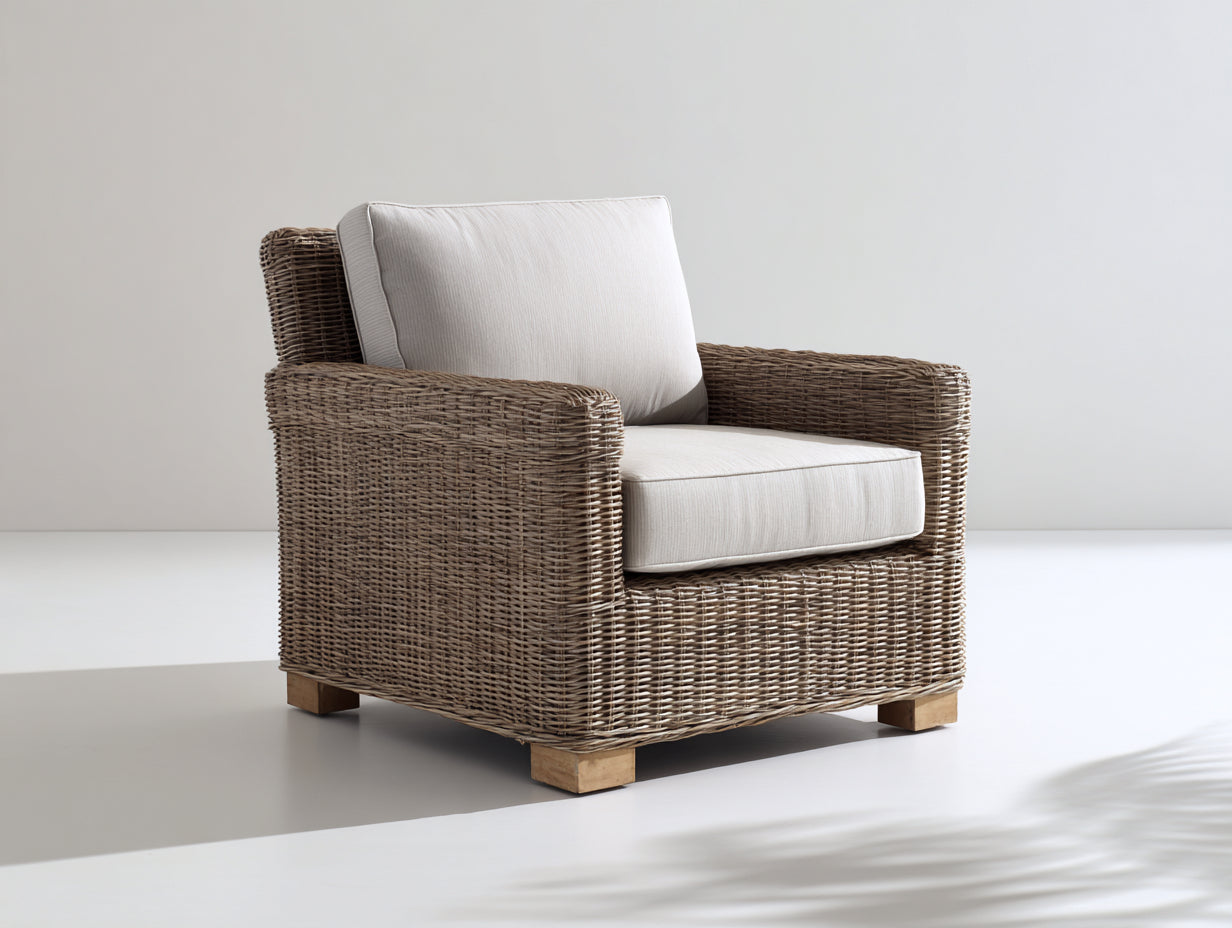 Fauteuil en rotin - rotin-textile-bois - 88x86x82 cm - gris naturel-crème-bois clair - style lounge naturel
