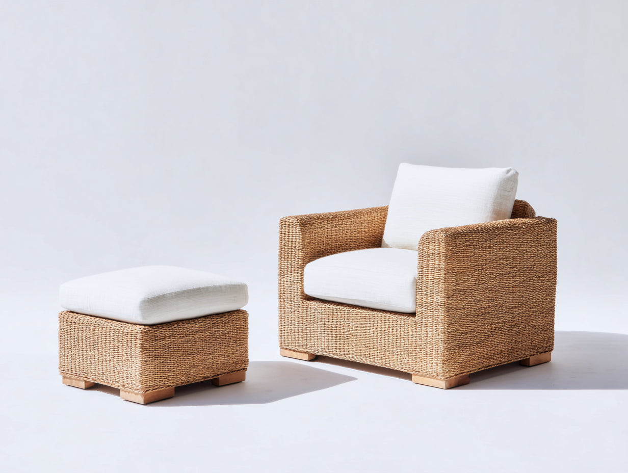 Fauteuil en rotin - rotin-textile-bois - 88x84x80 cm - beige naturel-blanc cassé-bois clair - style lounge naturel