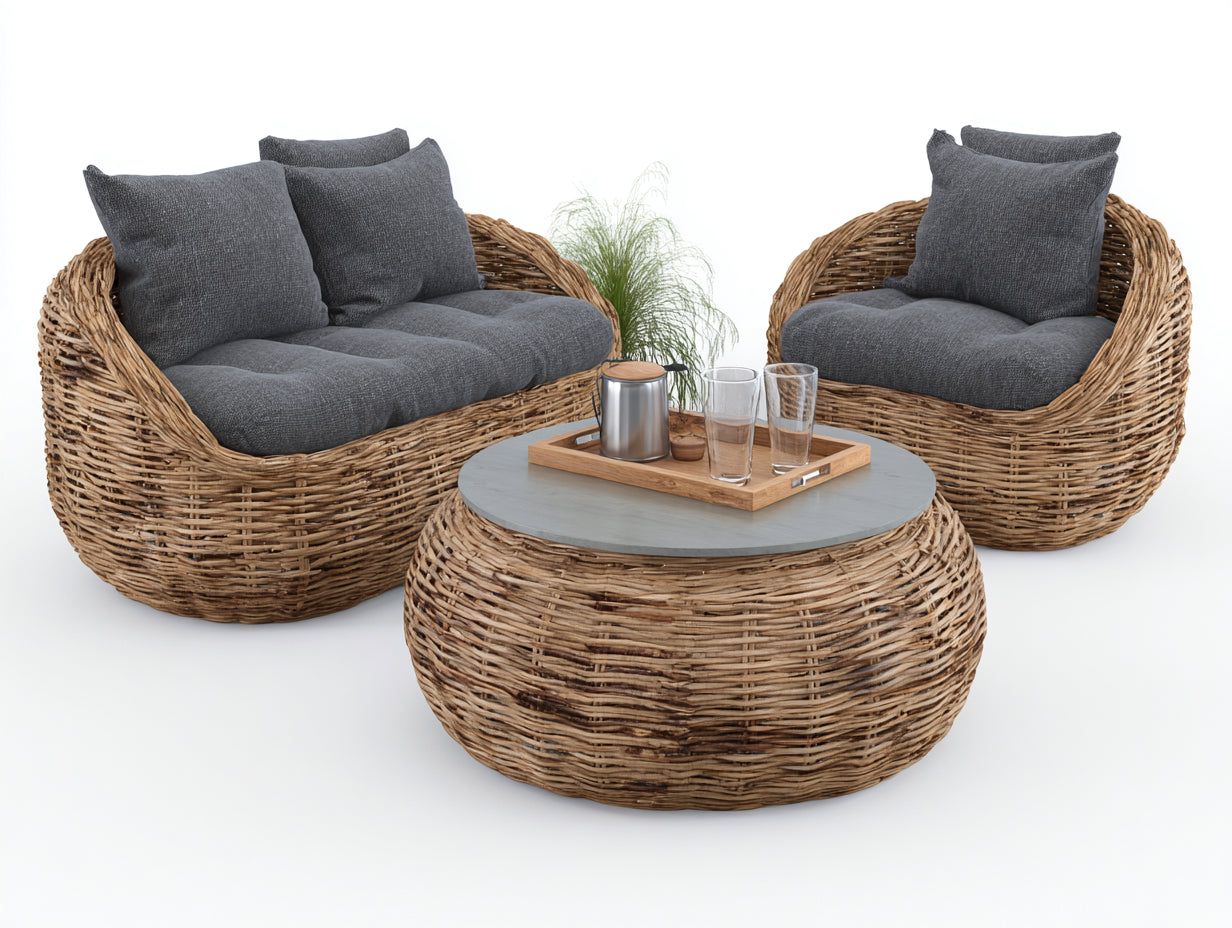 Canapé de jardin - rotin-textile - 175x105x82 cm - beige naturel-gris anthracite-gris clair - style lounge naturel